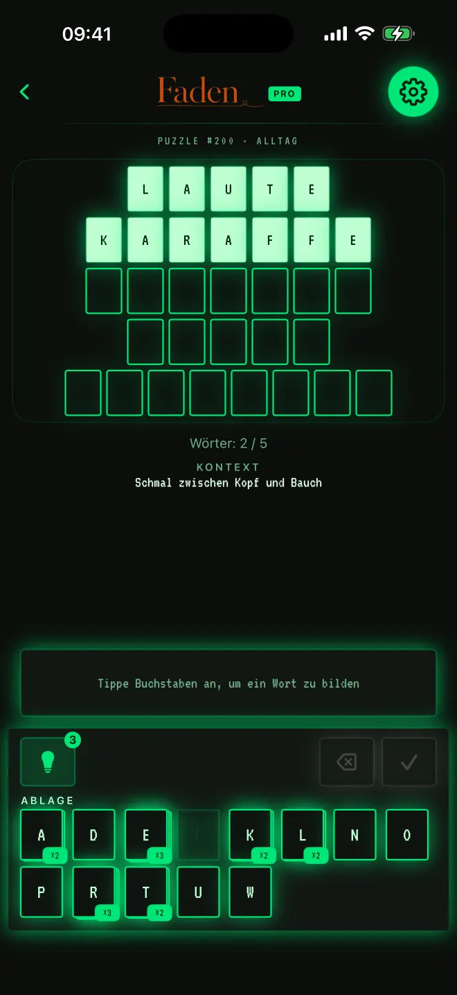 Faden-Partie mit zwei von fünf gelösten Wörtern, Design: Arcade.