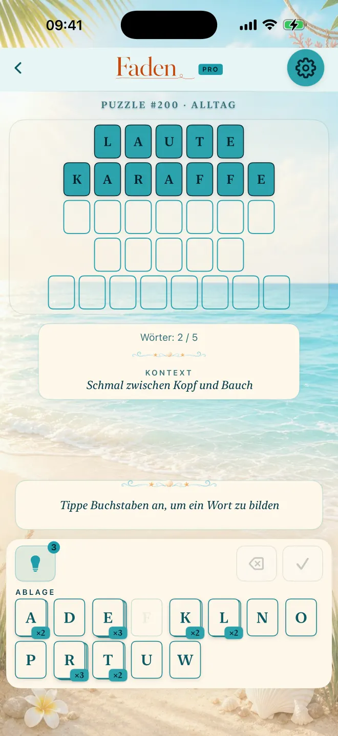 Faden-Partie mit zwei von fünf gelösten Wörtern, Design: Küste.