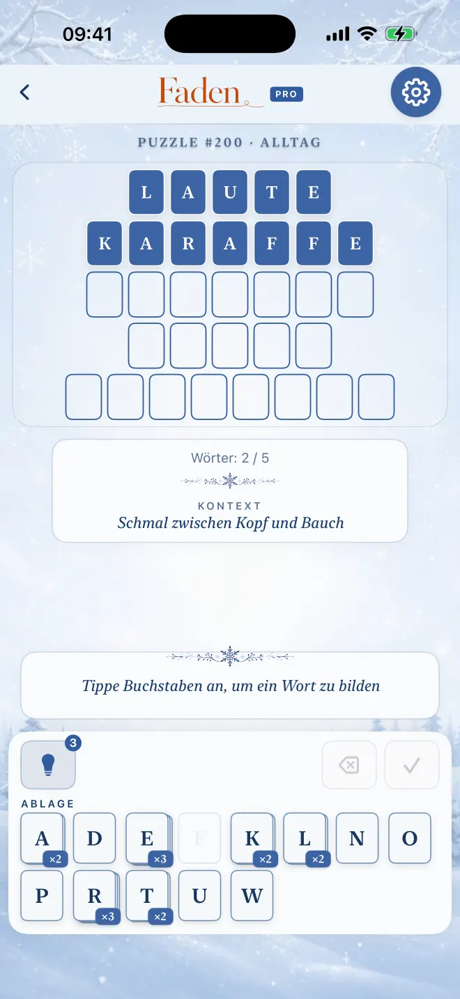Faden-Partie mit zwei von fünf gelösten Wörtern, Design: Winter.