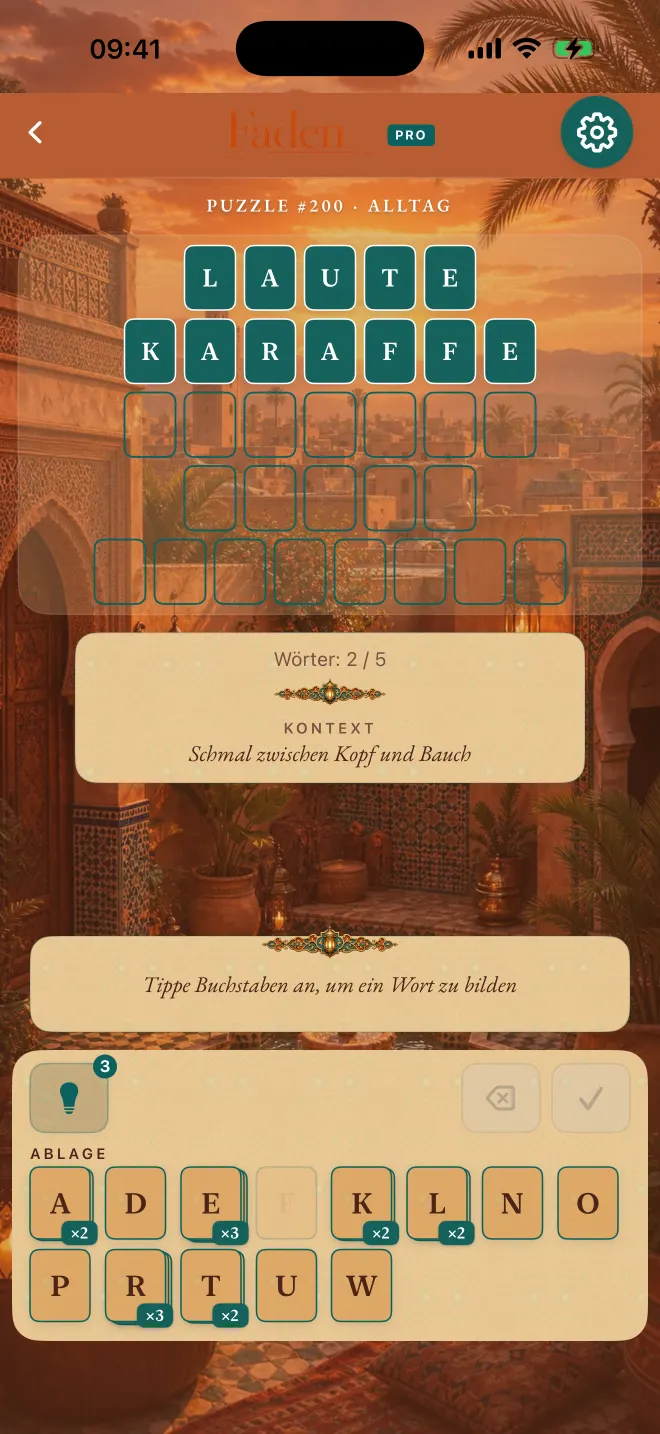 Faden-Partie mit zwei von fünf gelösten Wörtern, Design: Marrakesch.