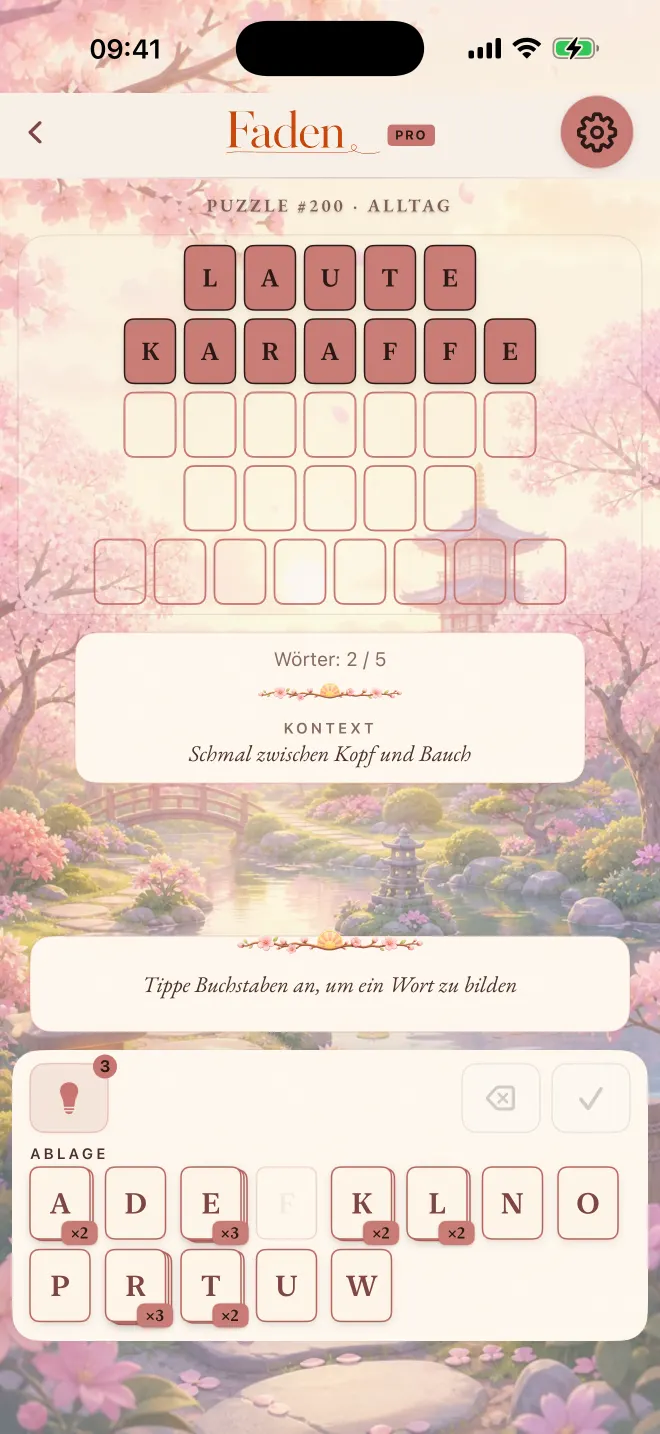 Faden-Partie mit zwei von fünf gelösten Wörtern, Design: Sakura.