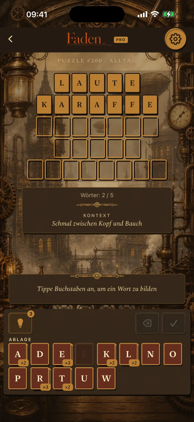 Faden-Partie mit zwei von fünf gelösten Wörtern, Design: Steampunk.