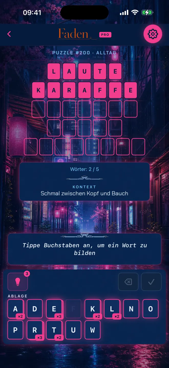 Faden-Partie mit zwei von fünf gelösten Wörtern, Design: Neon-Tokio.