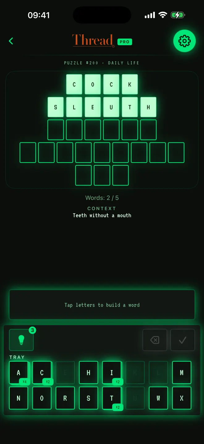 Thread game with two of five words solved, theme: Arcade.