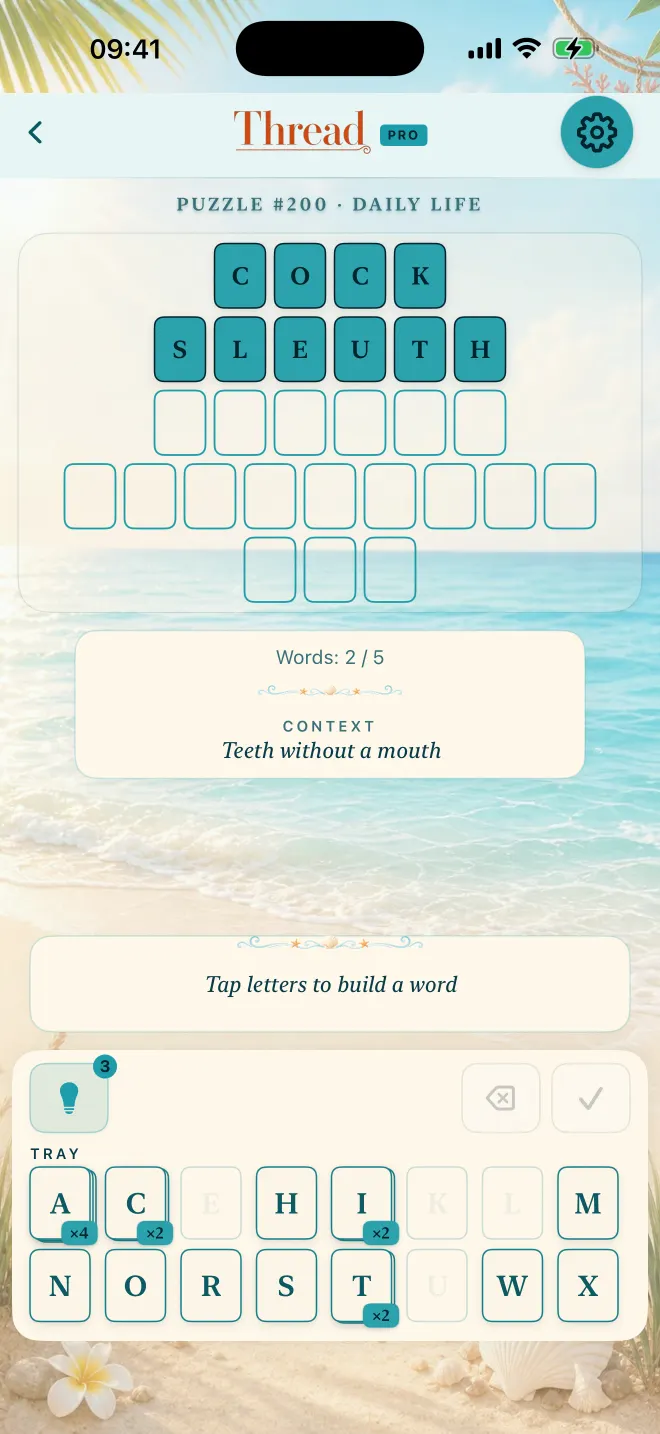 Thread game with two of five words solved, theme: Coast.