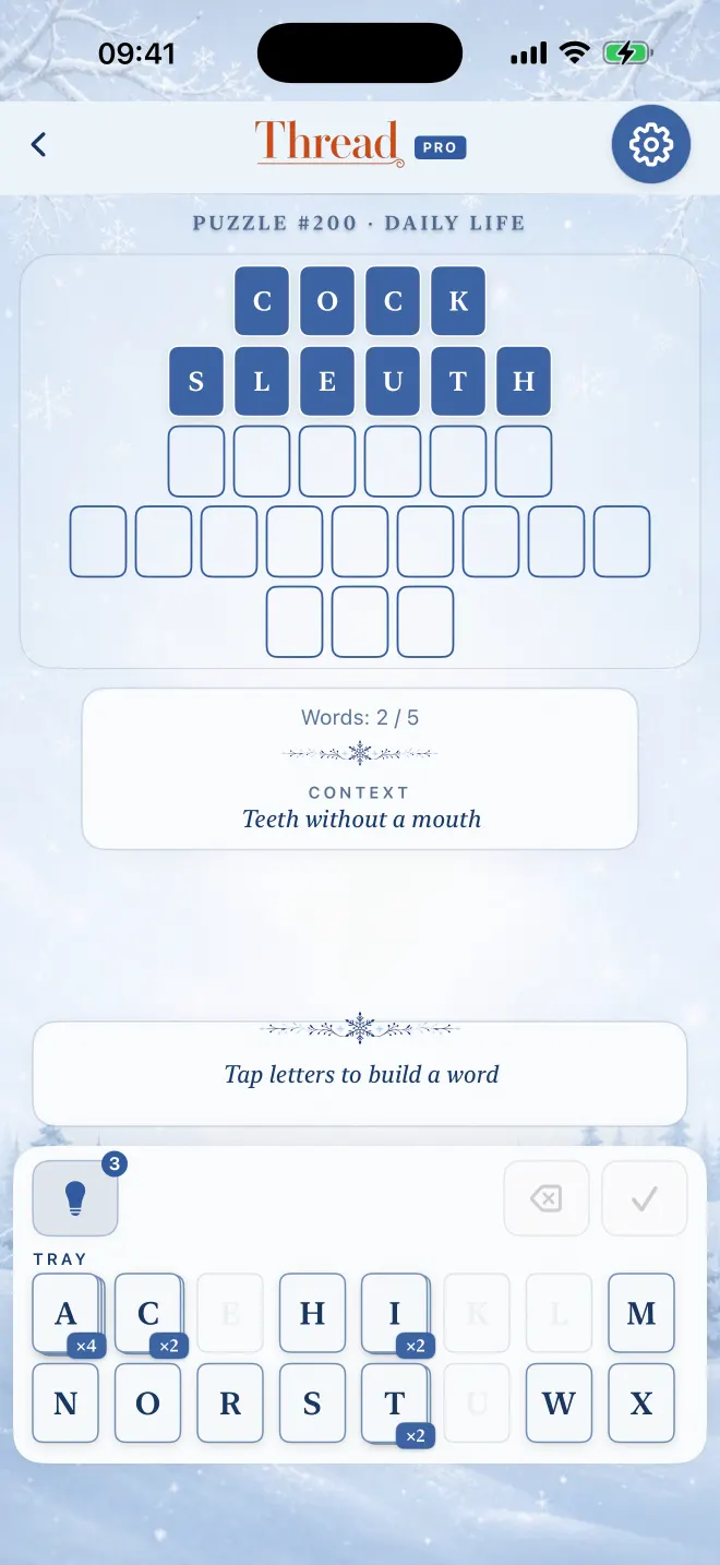 Thread game with two of five words solved, theme: Winter.