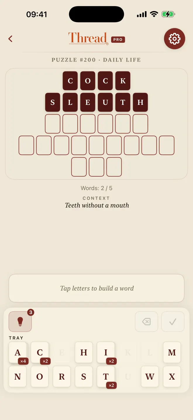 Thread game with two of five words solved, theme: Manuscript.