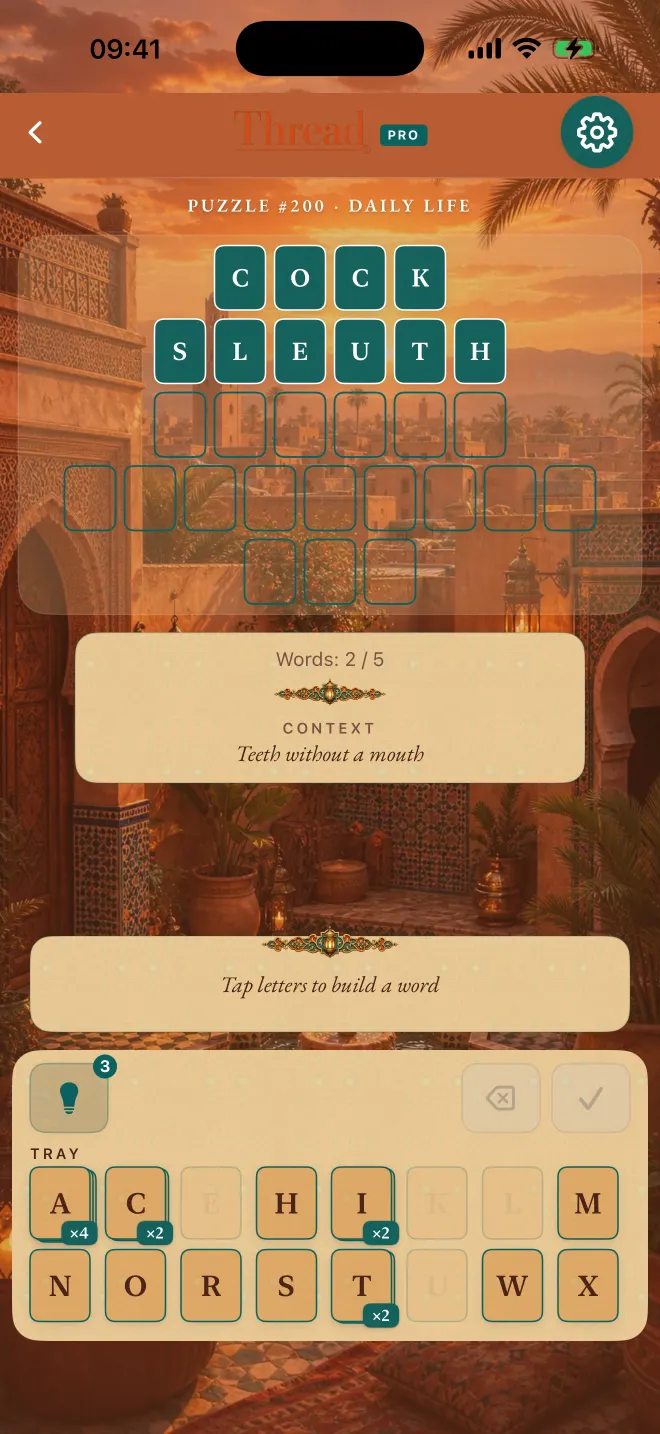 Thread game with two of five words solved, theme: Marrakech.
