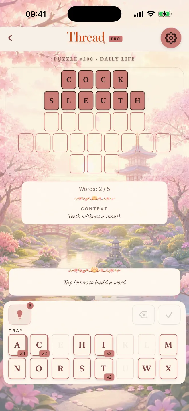 Thread game with two of five words solved, theme: Sakura.