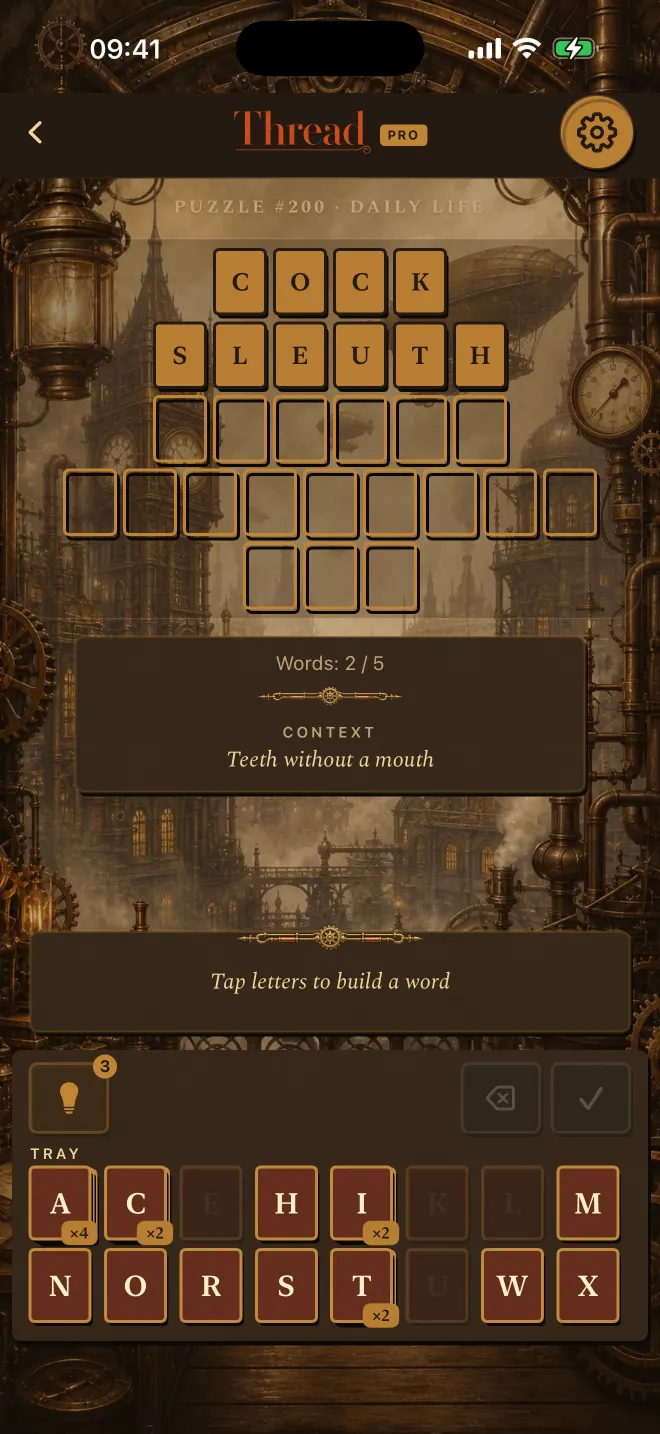 Thread game with two of five words solved, theme: Steampunk.
