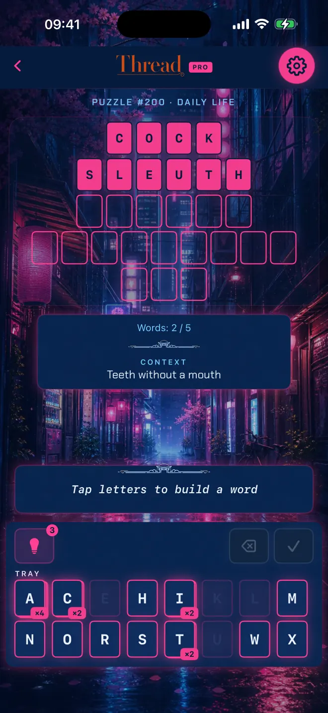 Thread game with two of five words solved, theme: Neon Tokyo.
