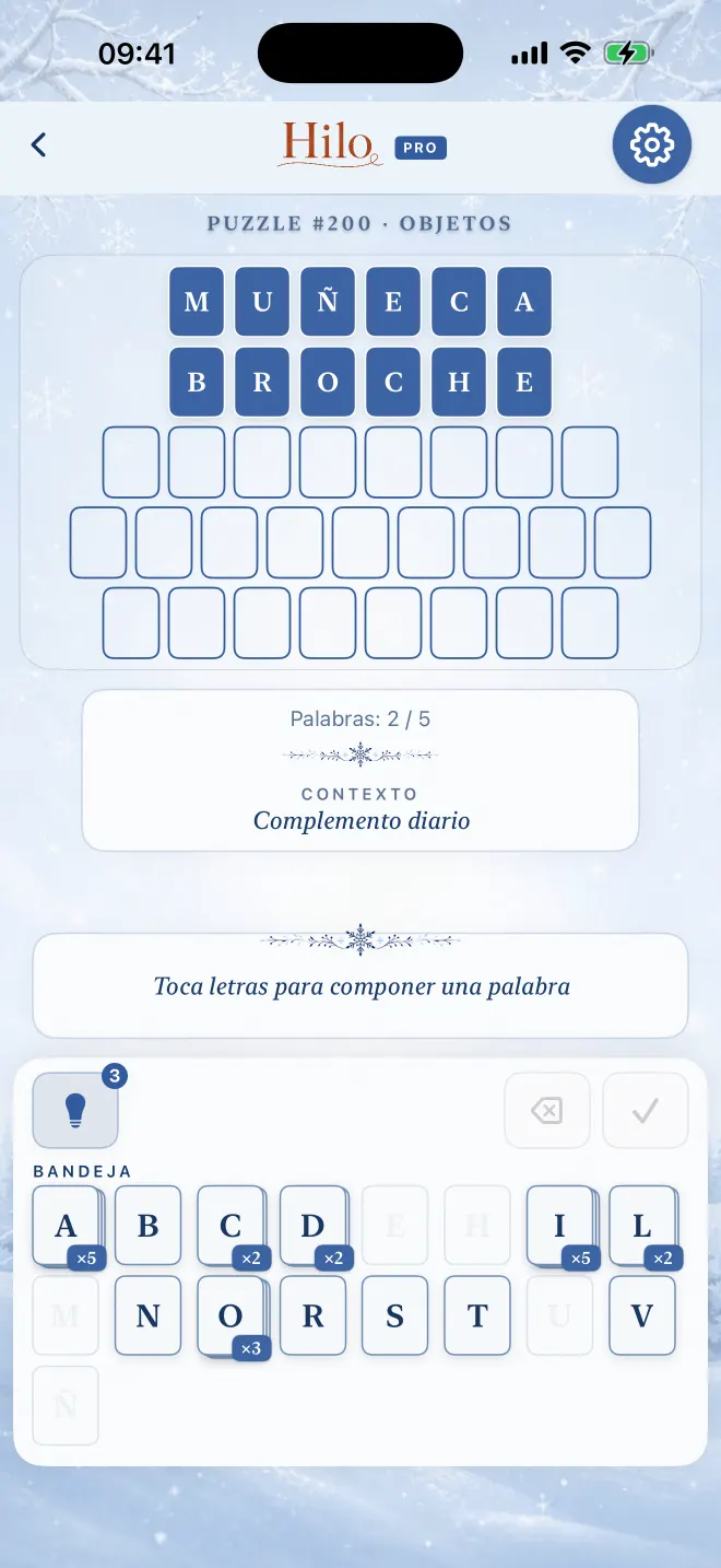 Partida de Hilo con dos de cinco palabras resueltas, tema: Invierno.