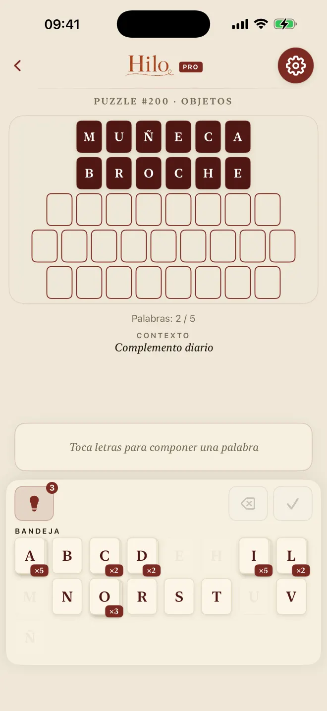 Partida de Hilo con dos de cinco palabras resueltas, tema: Manuscrito.