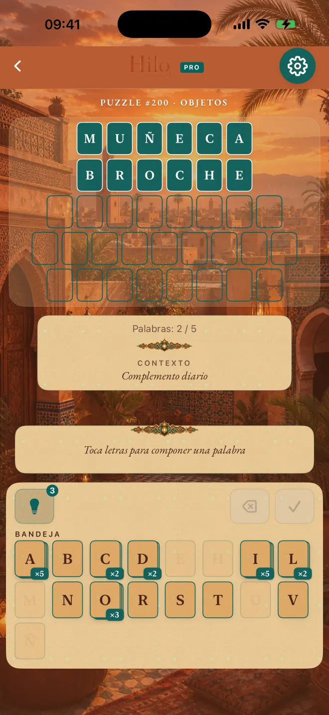 Partida de Hilo con dos de cinco palabras resueltas, tema: Marrakech.