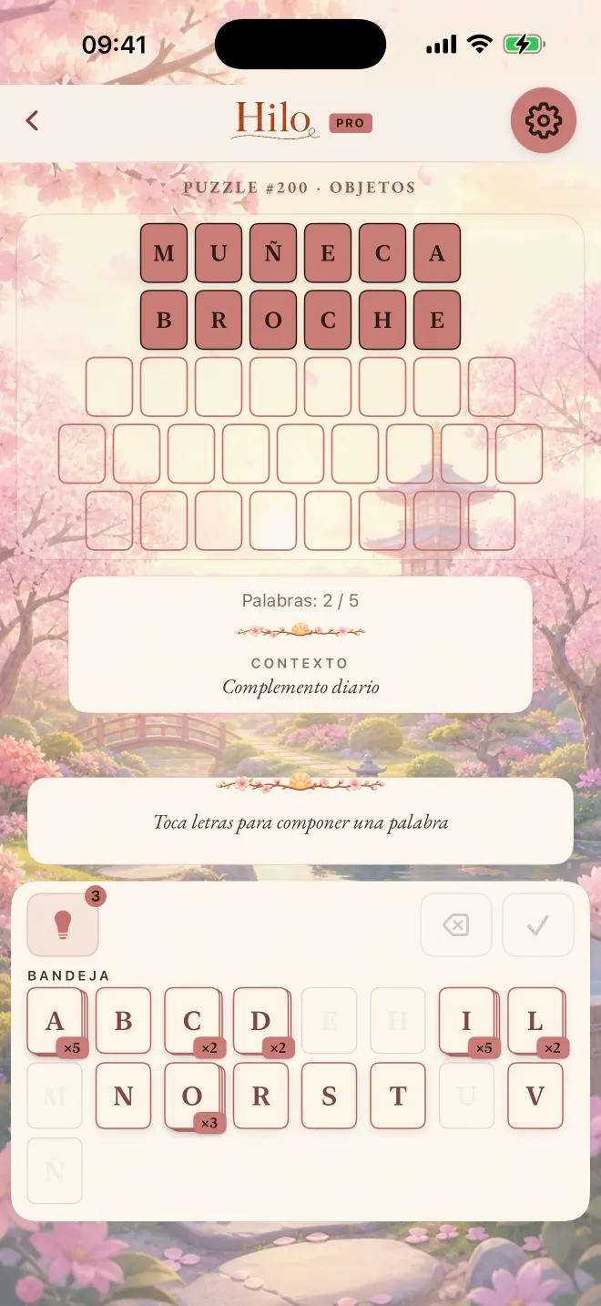 Partida de Hilo con dos de cinco palabras resueltas, tema: Sakura.