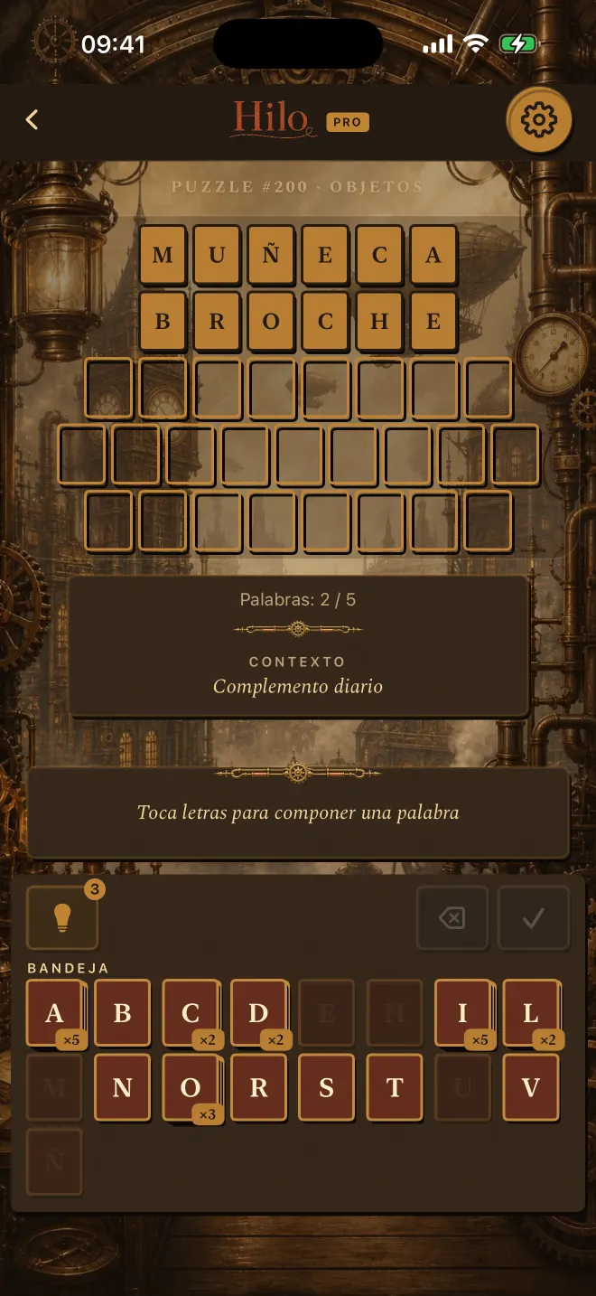 Partida de Hilo con dos de cinco palabras resueltas, tema: Steampunk.