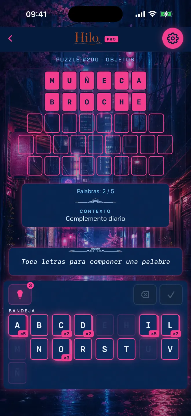 Partida de Hilo con dos de cinco palabras resueltas, tema: Tokio neón.