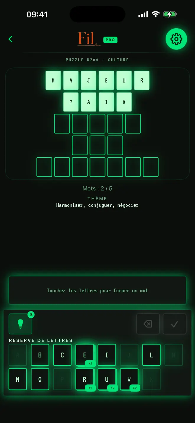 Partie de Fil avec deux mots trouvés sur cinq, thème: Arcade.