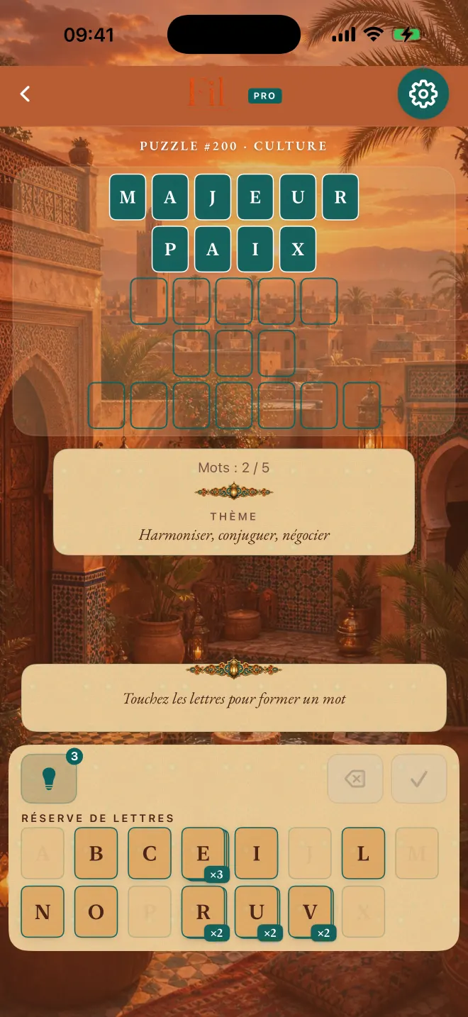Partie de Fil avec deux mots trouvés sur cinq, thème: Marrakech.