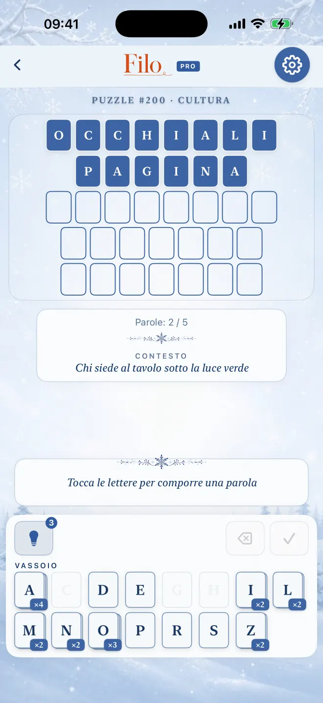 Partita di Filo con due parole risolte su cinque, tema: Inverno.