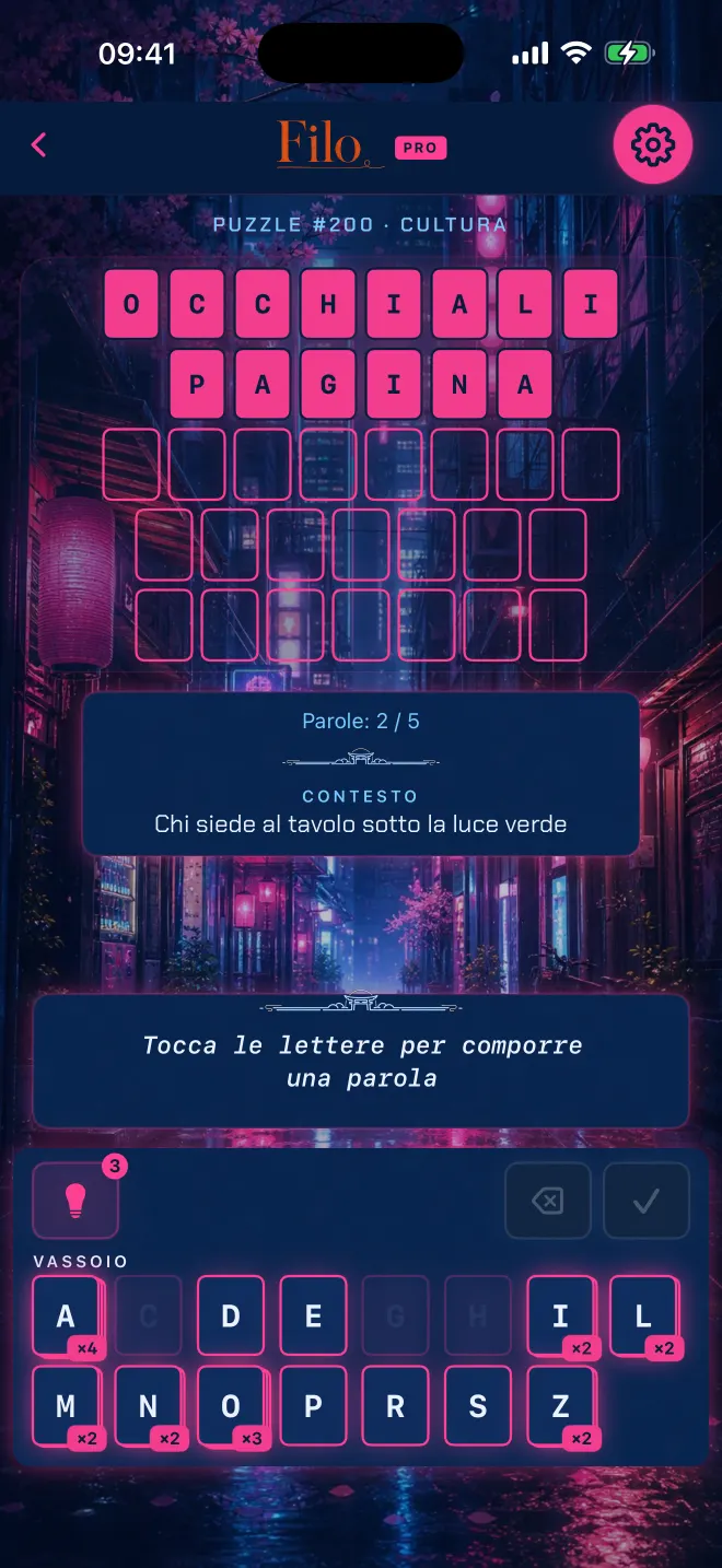 Partita di Filo con due parole risolte su cinque, tema: Tokyo neon.