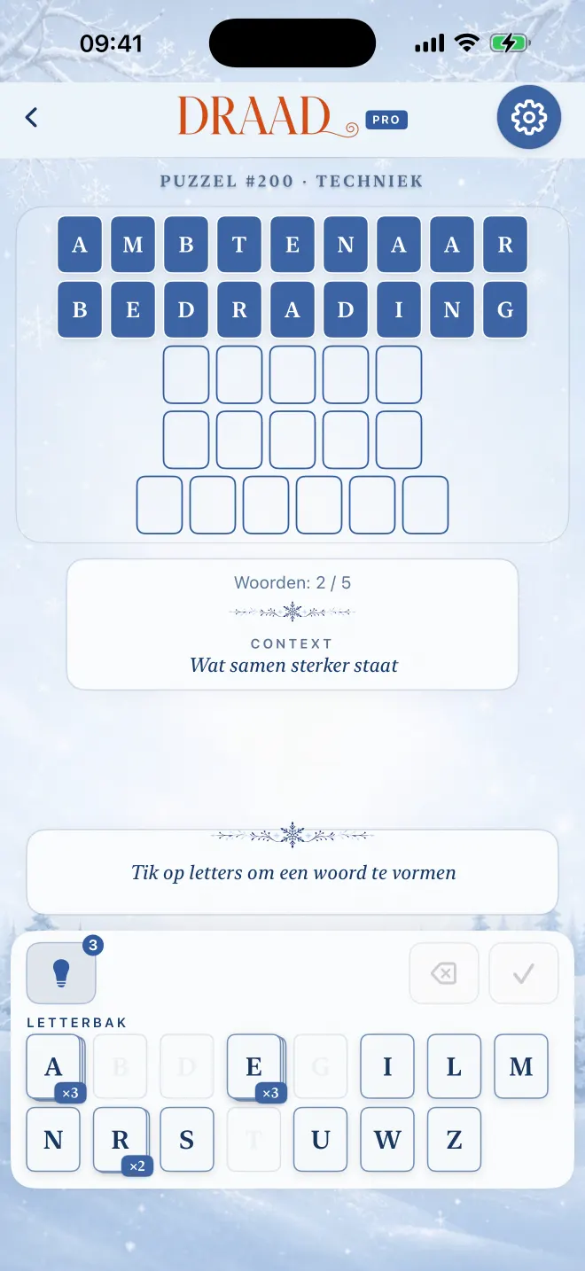 Draad-spel met twee van de vijf woorden opgelost, thema: Winter.