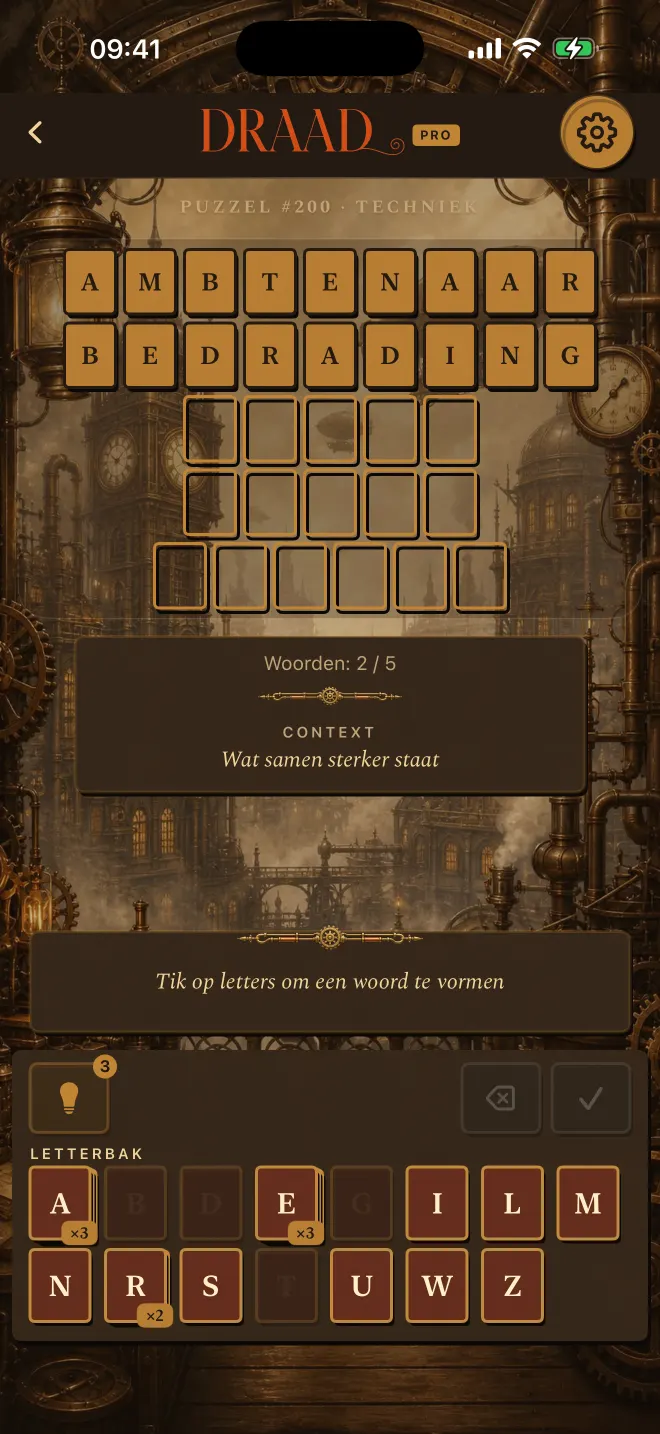 Draad-spel met twee van de vijf woorden opgelost, thema: Steampunk.