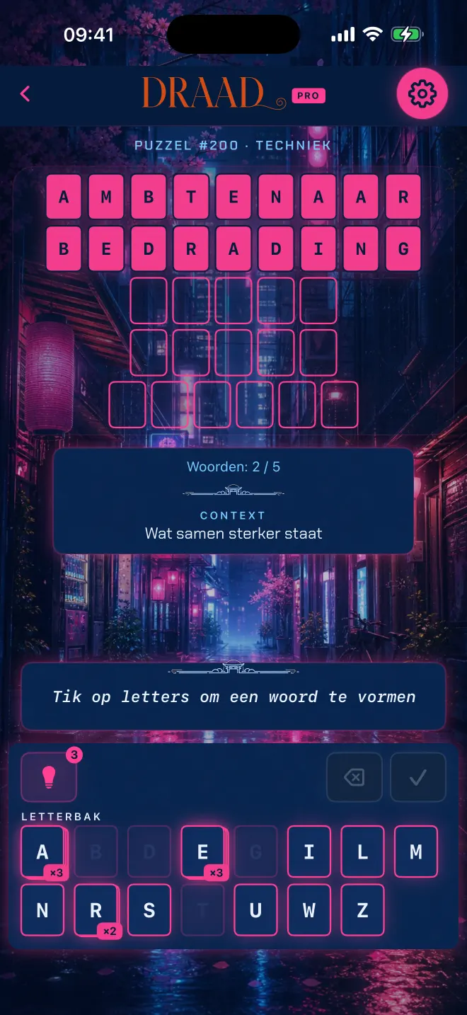 Draad-spel met twee van de vijf woorden opgelost, thema: Neon Tokio.