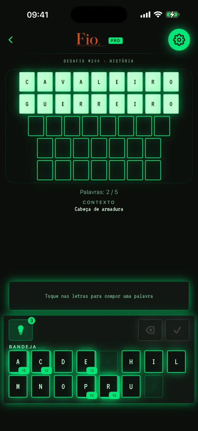 Partida de Fio com duas de cinco palavras resolvidas, tema: Arcade.