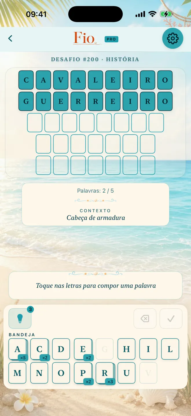 Partida de Fio com duas de cinco palavras resolvidas, tema: Costa.