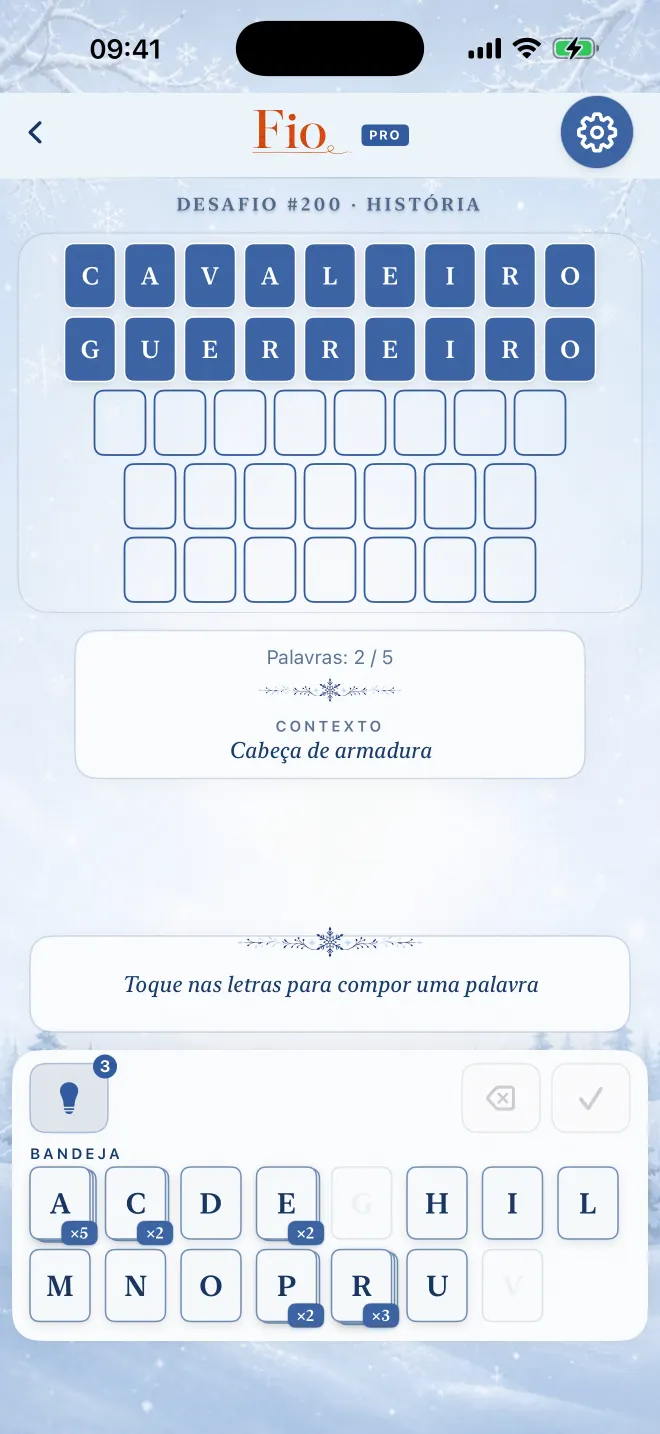 Partida de Fio com duas de cinco palavras resolvidas, tema: Inverno.