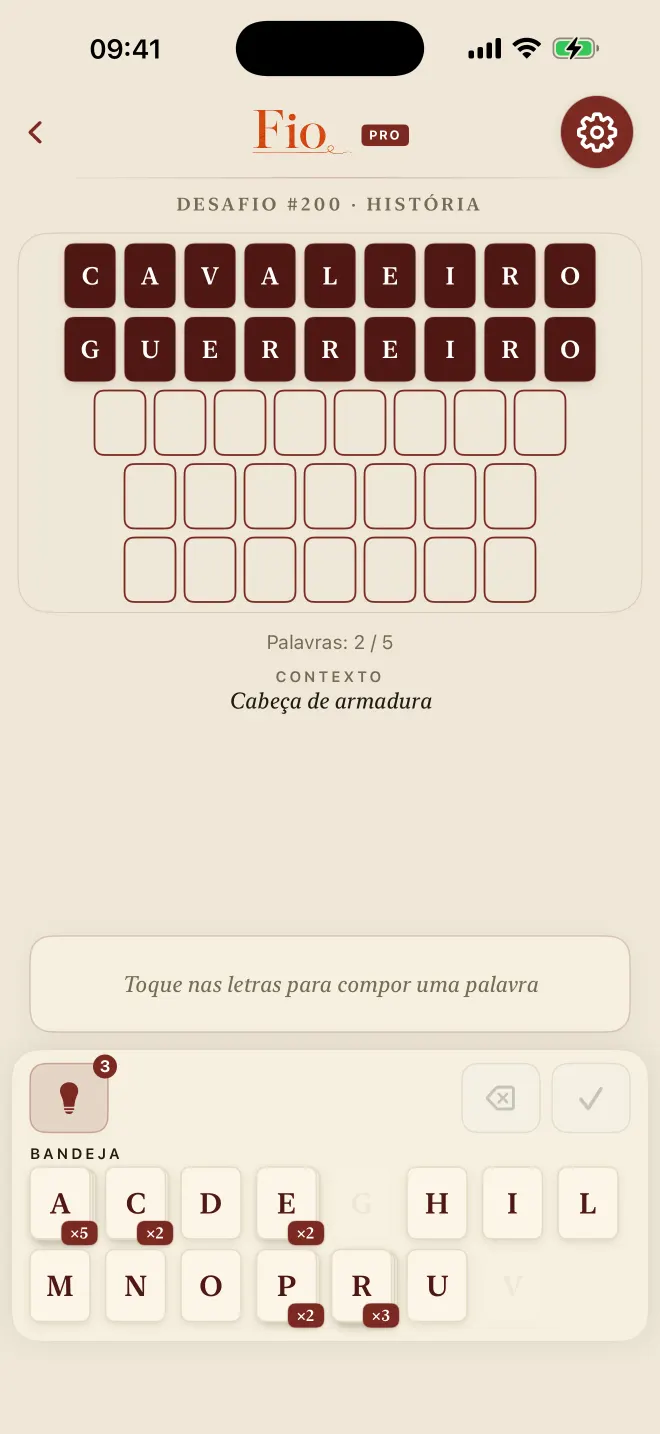 Partida de Fio com duas de cinco palavras resolvidas, tema: Manuscrito.