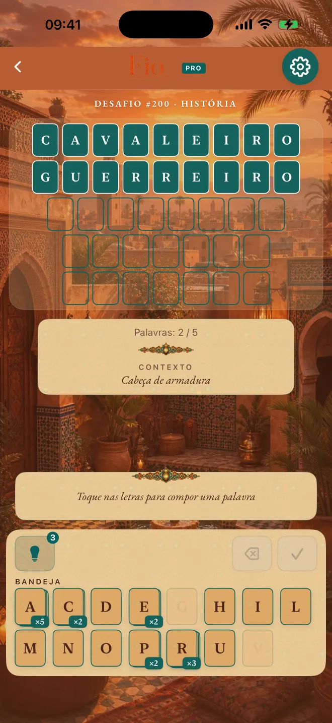 Partida de Fio com duas de cinco palavras resolvidas, tema: Marrakech.