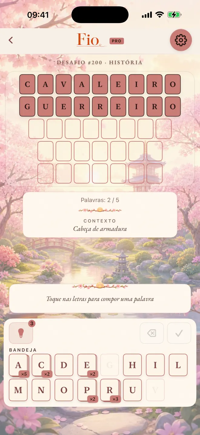 Partida de Fio com duas de cinco palavras resolvidas, tema: Sakura.