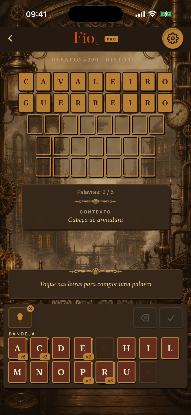 Partida de Fio com duas de cinco palavras resolvidas, tema: Steampunk.