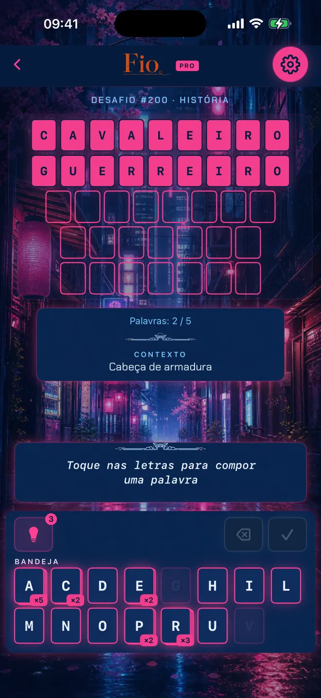 Partida de Fio com duas de cinco palavras resolvidas, tema: Tóquio neon.